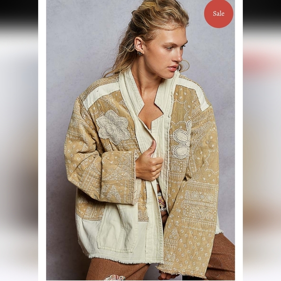 POL Jackets & Blazers - POL NWT Ponderosa Jacket Quilted Tan and Cream Embroidered Patchwork Jacket